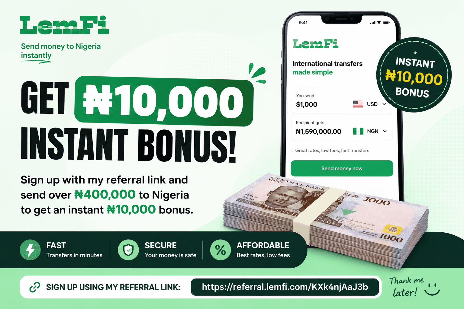 Get ₦10,000 Bonus When You Send ₦400,000 or More with LemFi